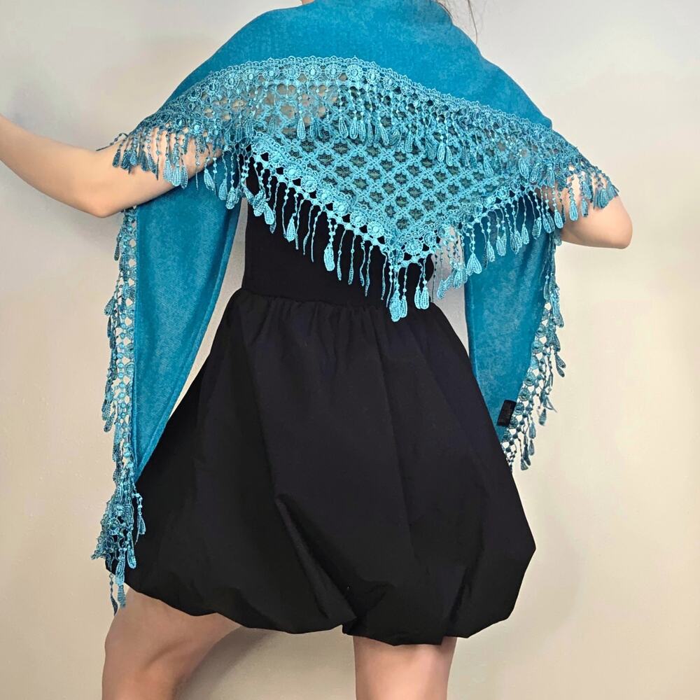 Fringe Teal Fairycore Festival Wrap Shawl Boho Lace